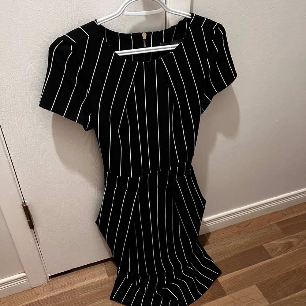 Suzy Shier Black and White Pinstripe Midi Dress